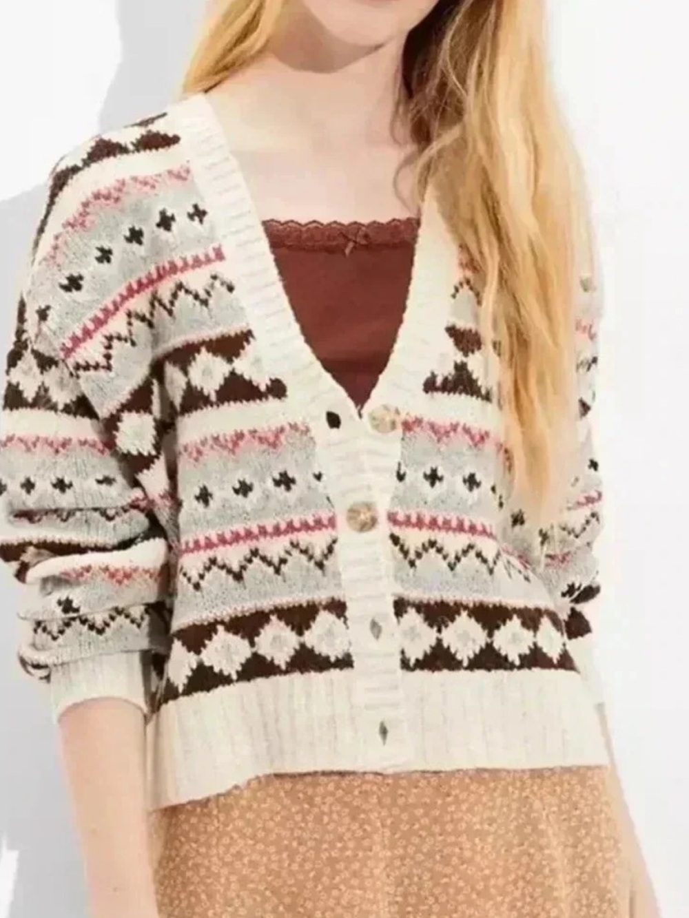 Cream Fair Isle Button-Front Women's Cardigan Sweater